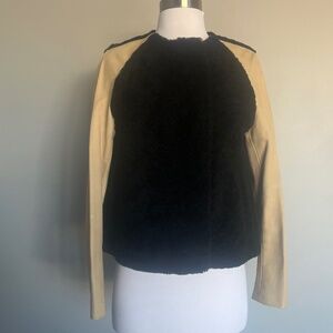 3.1 Phillip Lim Black Shearling Sheepskin w/ Beige Leather Sleeves Jacket Coat
